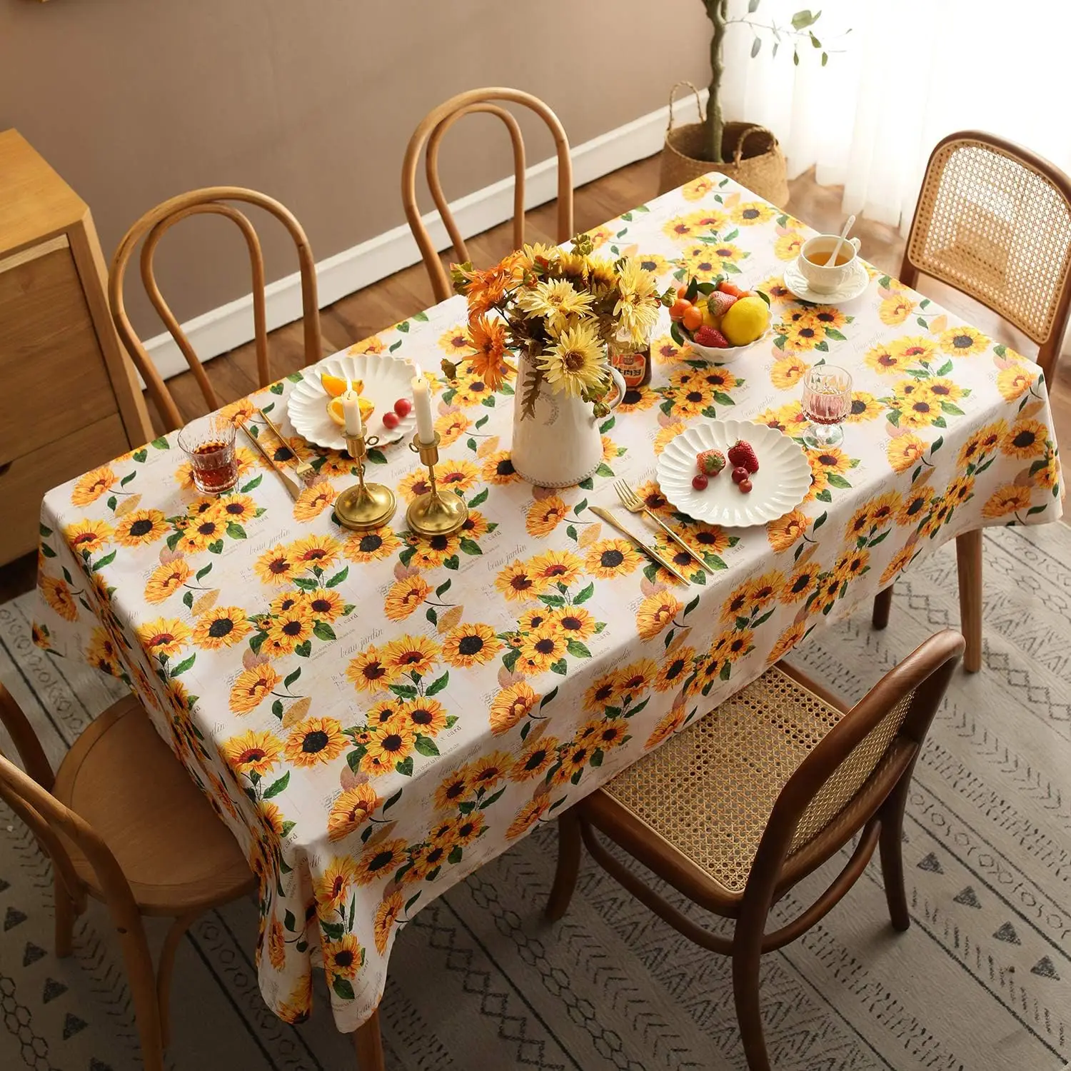 Spring Sunflower Tablecloth Summer Orange Floral Washable Kitchen Dining Table Cover for Outdoor Picnic Wedding Party Decoration