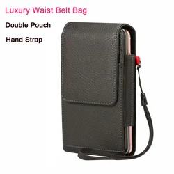 Leather Strap Wallet Dual Pouch 2 Phone Belt Clip Case Holster For iPhone Samsung Galaxy Xiaomi Redmi 9 Pro Men Waist Bag Holder