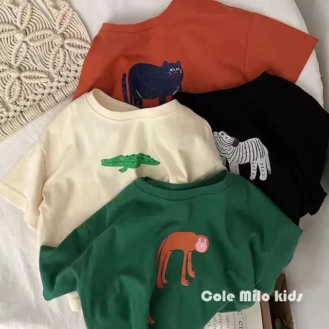 Wzór zwierzęcy chłopięce dziewczęce topy z krótkim rękawem koszulki dziecięce letnie ubrania luźna moda modna odzież dziecięca T-shirt z okrągłym dekoltem
