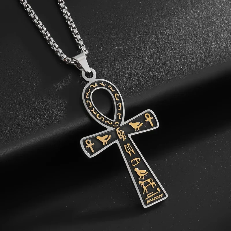 Ancient Egyptian Ankh Stainless Steel Cross Totem Necklace Men\'s and Women\'s Fashion Lucky Life Key Amulet Jewelry