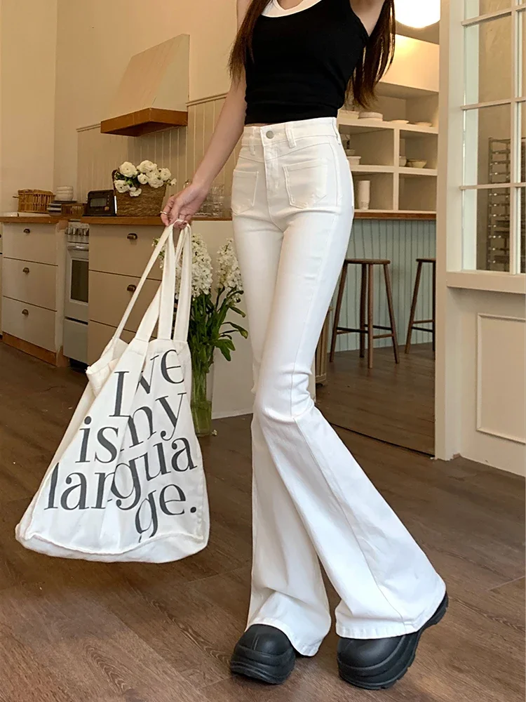 Trendy and minimalist white design pocket jeans women's summer high waisted slim fit elastic micro flared pants