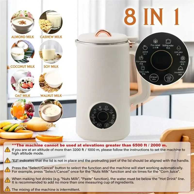 B02C-Almond Milk Maker 35Oz 1000Ml Automatic Nut Milk Machine Soy Oat Cow Plant-Based Milk Homemade Beverages US Plug