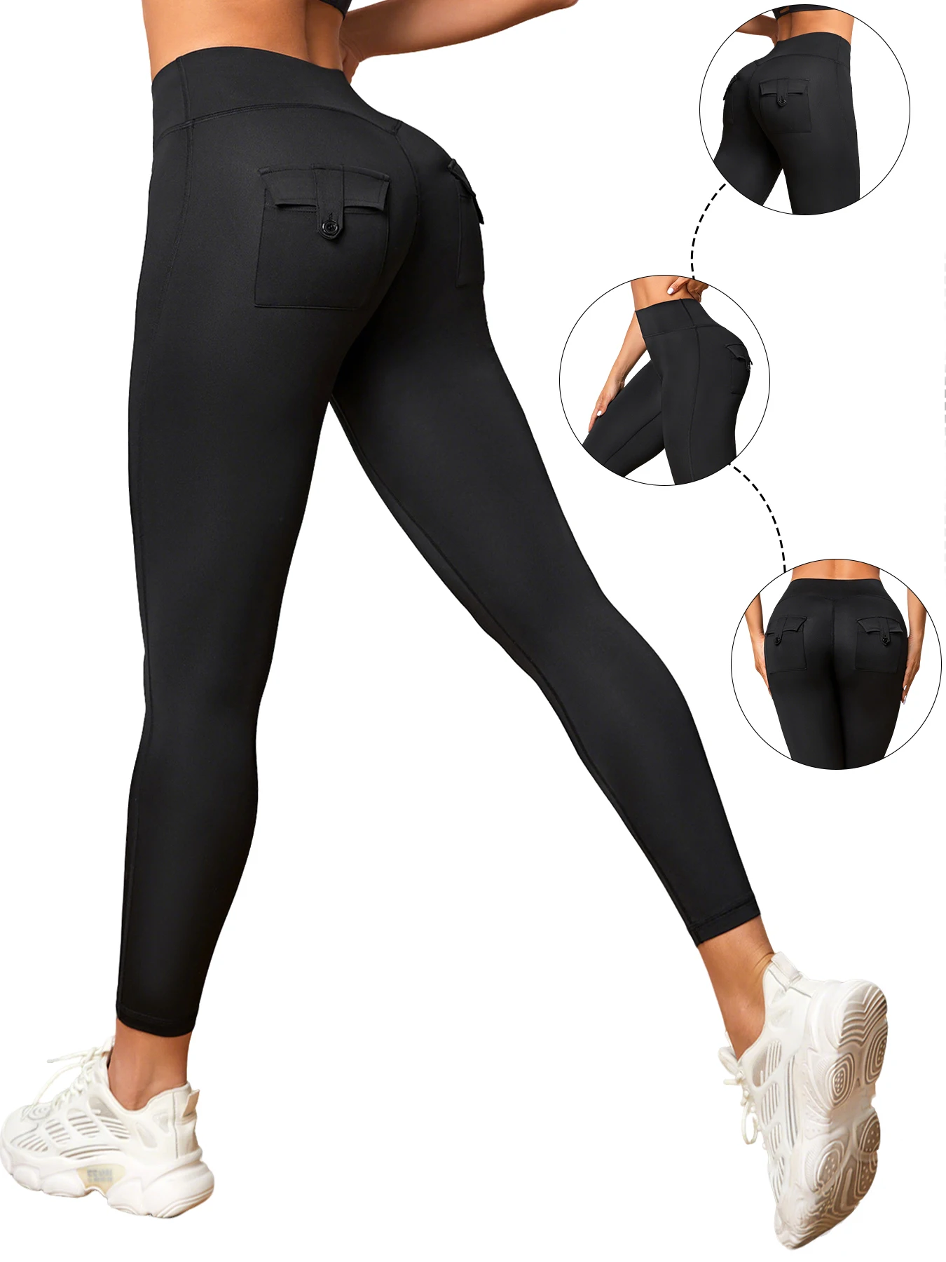 سراويل ضيقة نسائية عالية الخصر لرفع المؤخرة مع جيوب للتحكم في البطن وقابلة للتمدد بلون سادة بطول الكاحل وتصميم محيط الورك