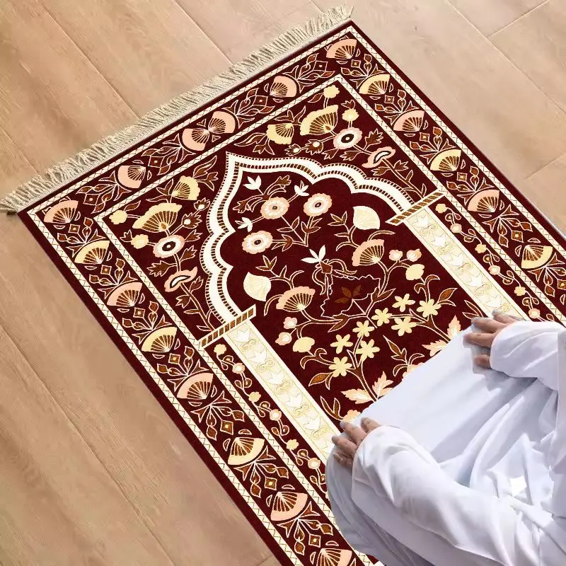 VIKAMA Burgundy Floral Arch Tassel Prayer Rug Portable Lightweight Islamic Janamaz Sajadah Mat Non-Slip Washable Ramadan Gift