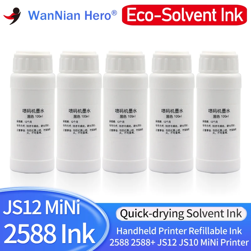 

100ML Refillable Ink compatible 2588 JS10 JS12 for 12.7mm 25.4mm MiNi Printer Quick-drying Solvent Ink Portable Handheld Printer