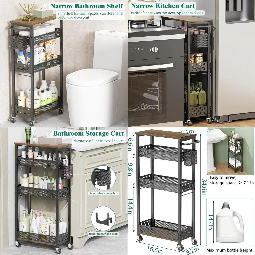 

4-Tier Slim Laundry Cart with Wheels, Compact Metal Rolling Kitchen Cart and Bathroom Organizer with Wood Rack & Handle for Smal