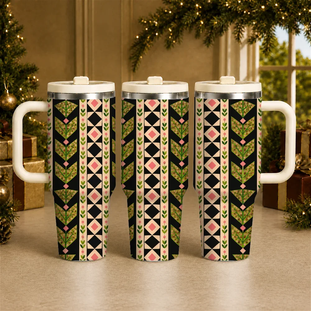 Geometric Folk Quilt Vacuum Flasks 40oz Stainless Steel Insulated Tumbler with Handle & Straw Lid, Leakproof Travel Cup