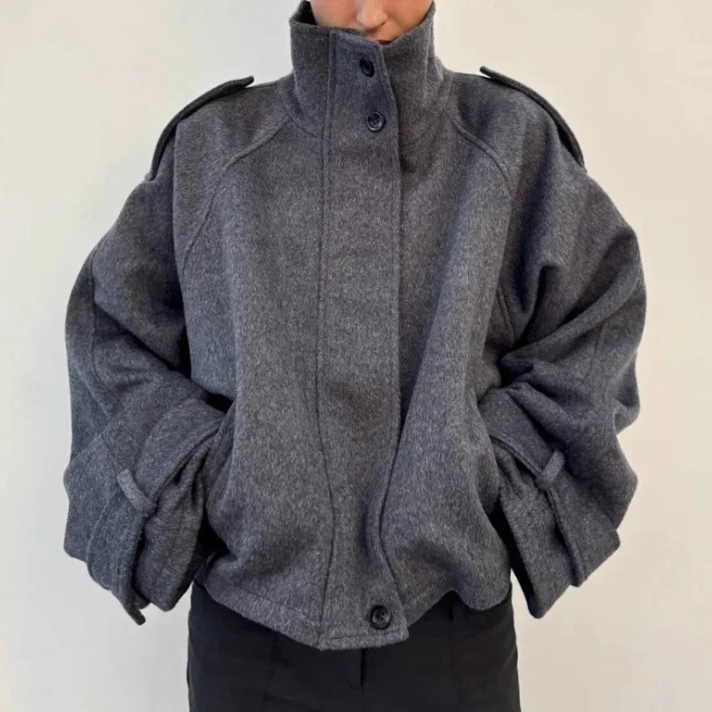 

2025 Autumn/winter Standing Collar Breasted Short Zipper Woolen Jacket