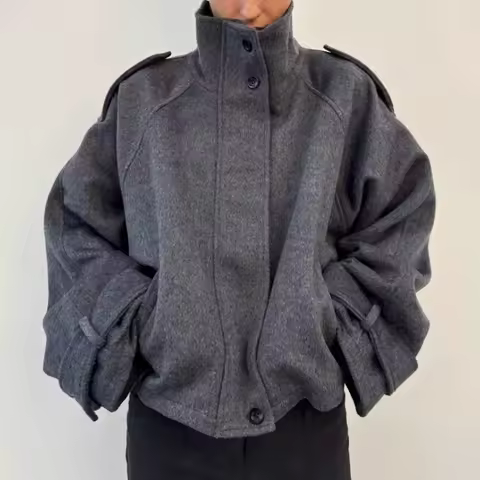 2025 Autumn/winter Standing Collar Breasted Short Zipper Woolen Jacket