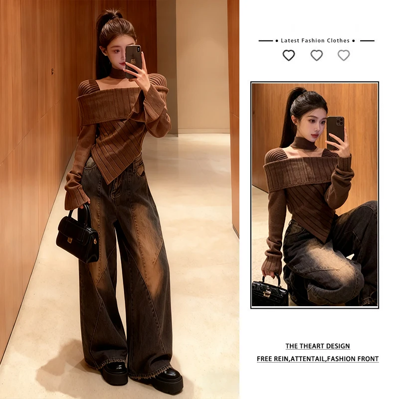 

Осенне-зимний женский корейский комплект неравномерного трикотажа с широкими джинсами, повседневный костюм из двух предметов Faion ort Sve Long Sl...