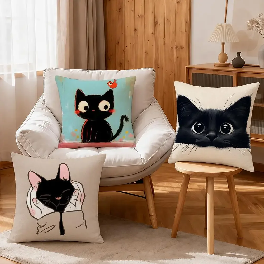 Art Black Cat Cushion Cover Linen Anti-Mite Antibacterial Cushion Cover Invisible Zipper Sofa Decor