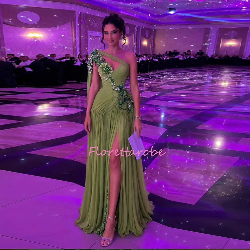 

Customized Saudi Arabia Prom Dress A-Line Green Beadings Evening Dresses Strapless One Shoulder Wedding Party Dress
