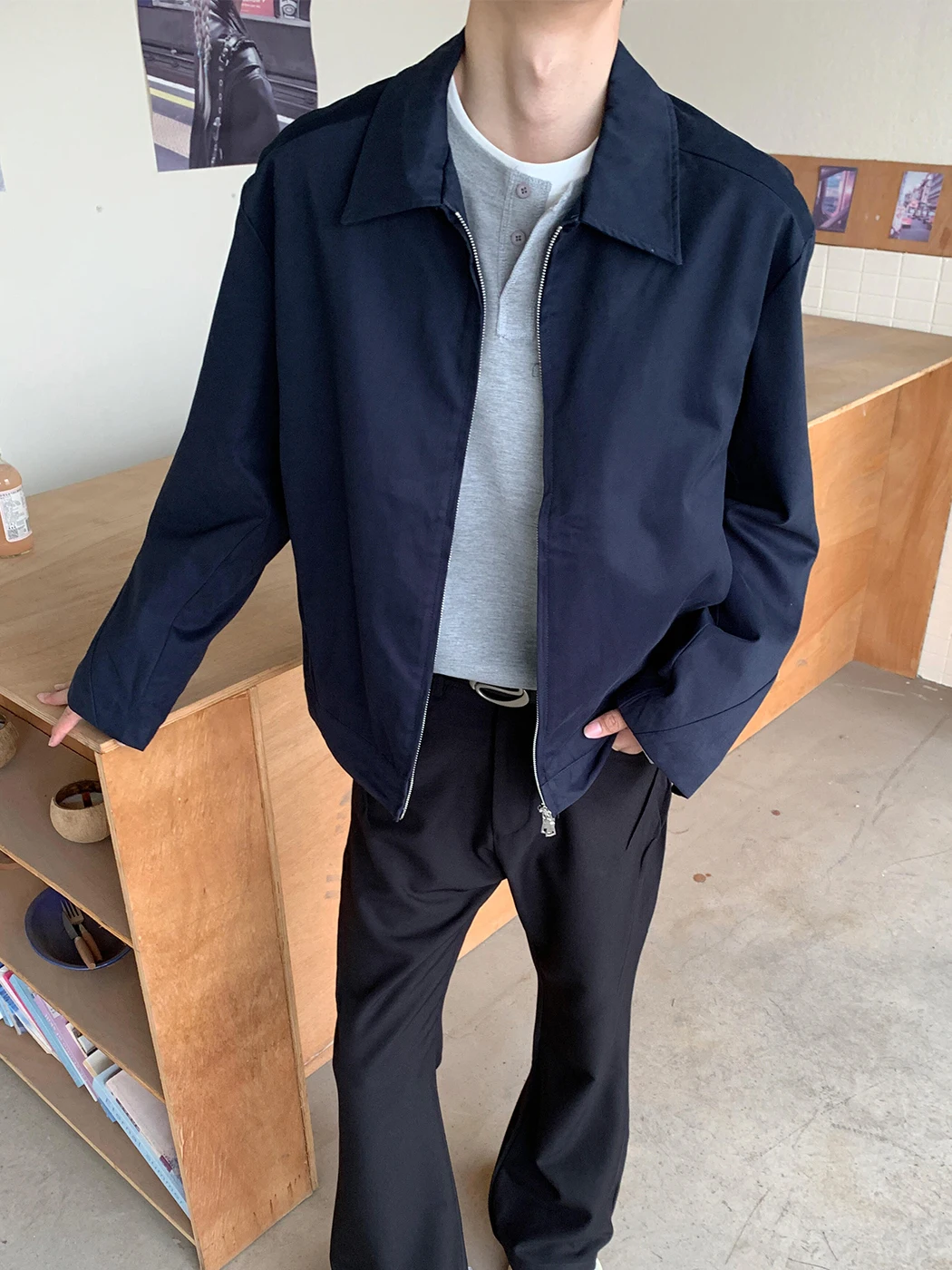 

Cleanfit American Pilot Jaet Men's ort Sle Baseball Coat Turn-down Collar k Blue Polyester Fiber Stand Fit