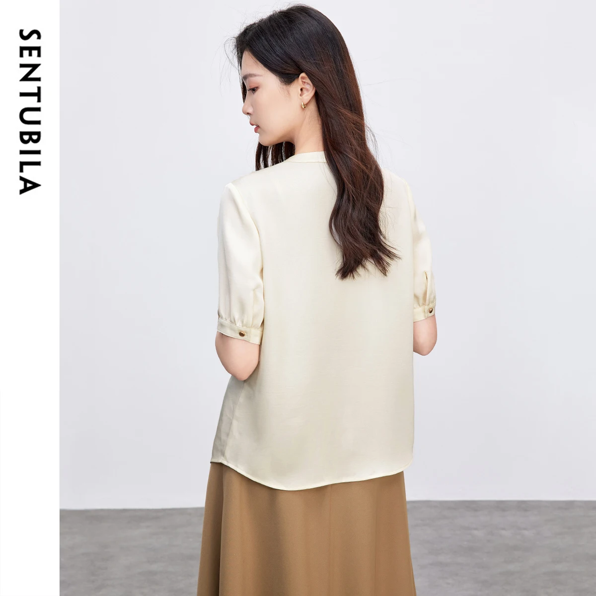 SENTUBILA Soft Chiffon Blouse for Woman 2025 Summer V Neck Puff Sleeve Chic Single Breasted Shirt Lady Women Clothes 152V80007
