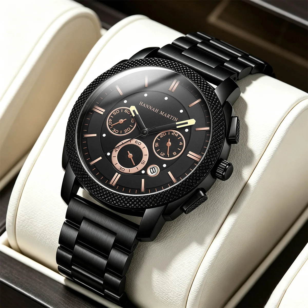 Hannah Martin Multifunctional Watch Men Business Stainless Steel Black Sport Wind Chronometer Subdial 44mm Quartz Men Wristwatch