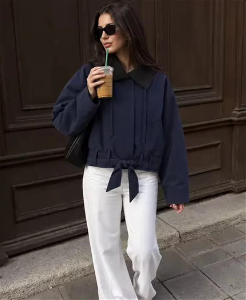 Guobioziy 2026 Women's Jacket Fall/Winter New Color-Block Lapel Tie Casual Simple Short Jacket Parka Stylish and Trendy