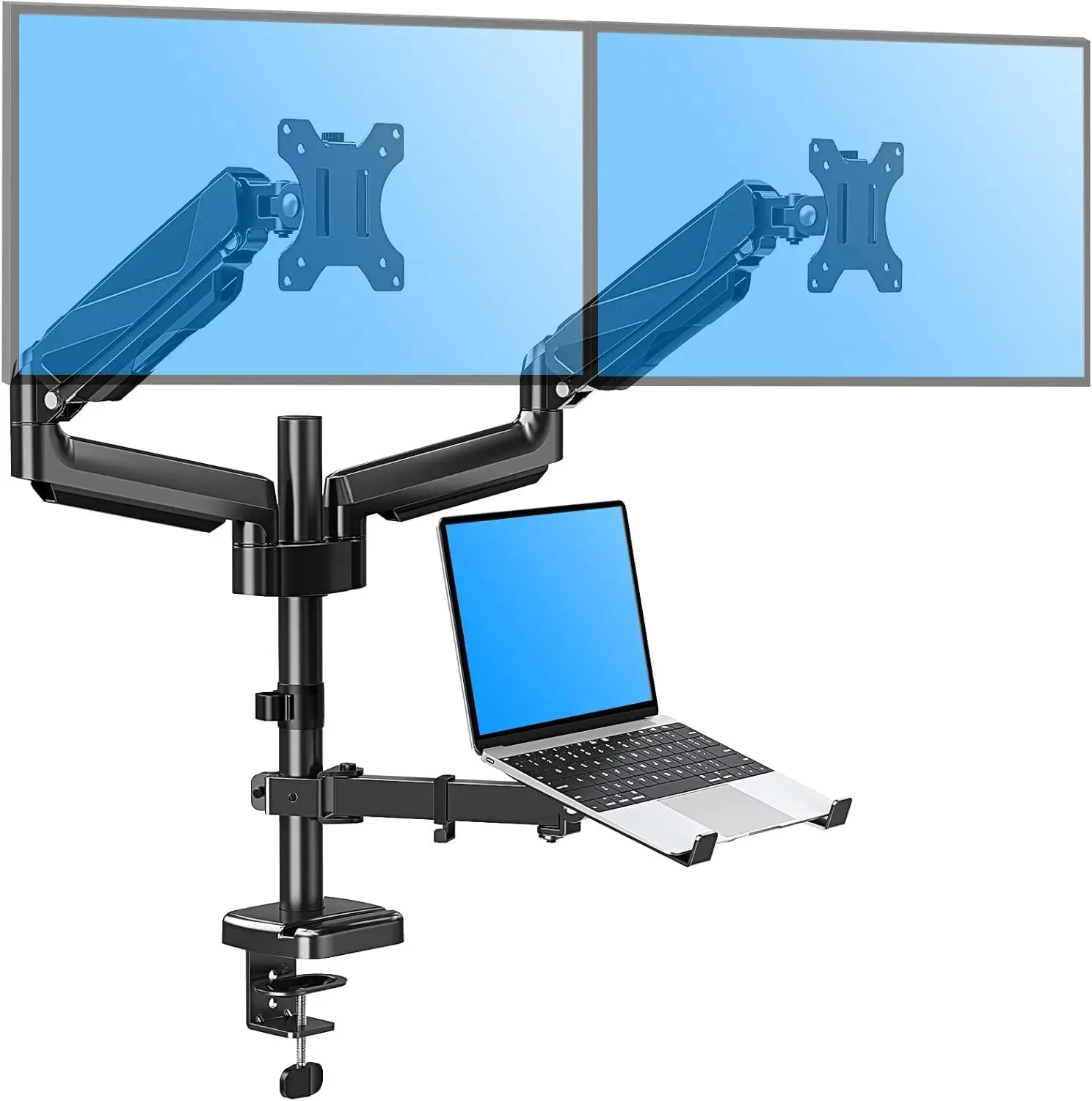Dual Monitor and Laptop Mount, Adjustable Stand for 2 Max 27" Screens, Tray Fits 10-17inch Notebook, Holds 4.4-17.6lbs Per Arm