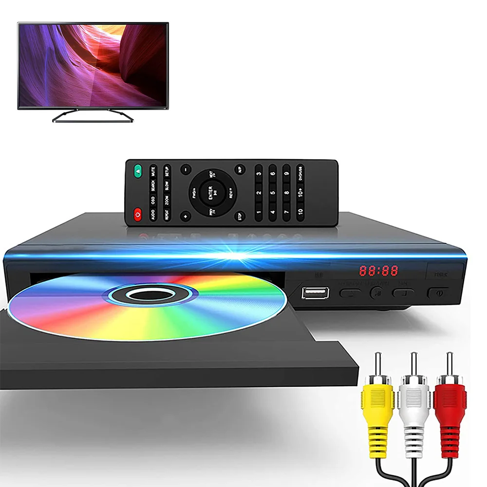 Lettore DVD per uso domestico, compatibile con formati USB, CD, VCD, DVD, MP3 e MP4, qualità audio stereo a 2.0 canali per la riproduzione di musica e video, altoparlante per TV domestica, lettore