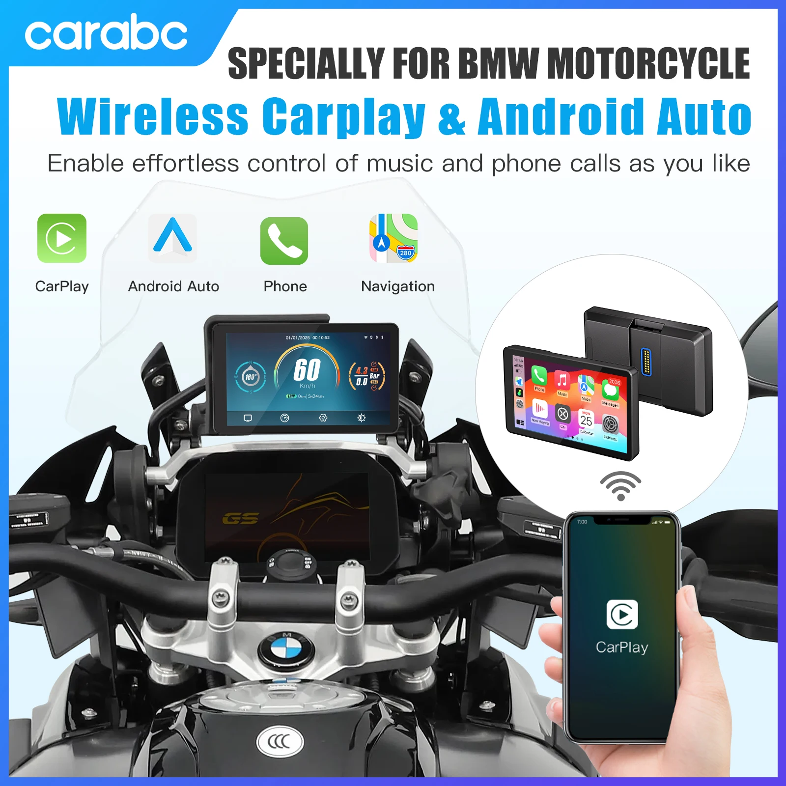 CARABC CarPlay Android Auto для BMW F 750 GS XR M1000 R1200GS R1250GS S1000XR R1300GS и т. д. 6-дюймовый портативный мотоциклетный навигатор