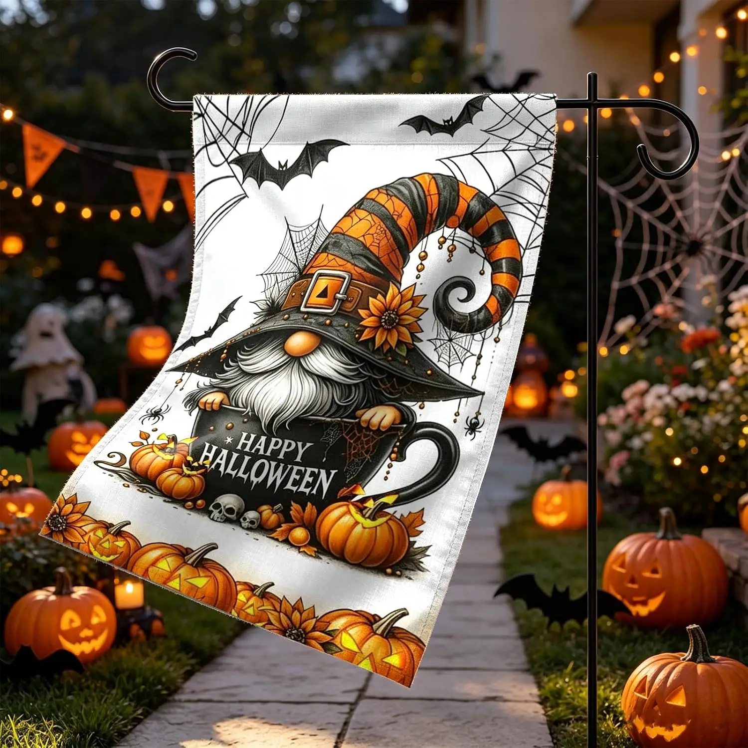 Halloween Gnome Bat Garden Flag 12x18 Inch Pumpkin Spider Yard Flag | Spooky Gnome Themed Print Thick Burlap Fabric with Dou uui