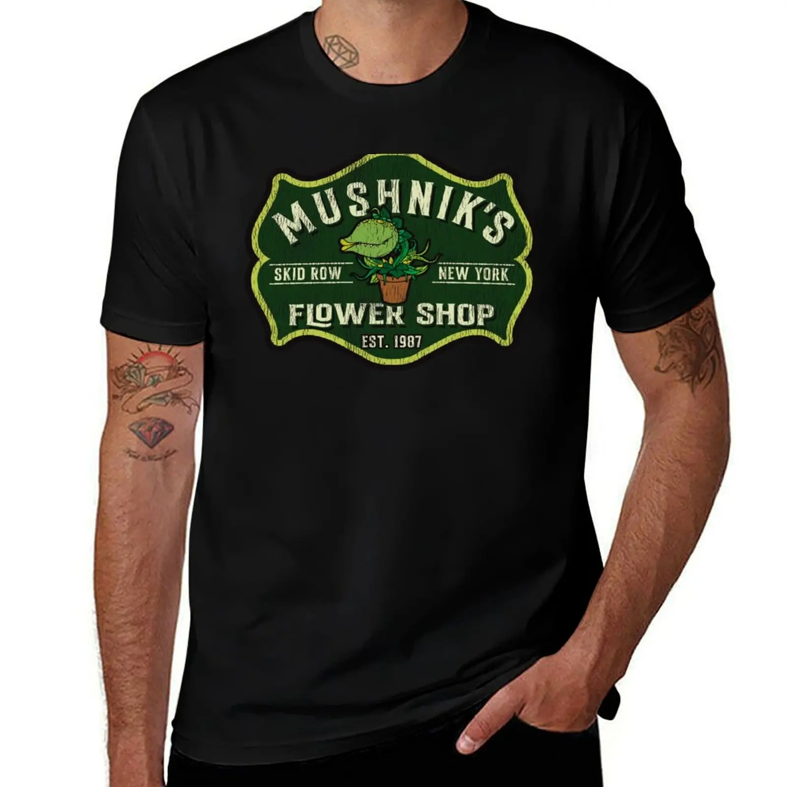 Mushnik's Florist Crest Seymour Worn T-Shirt Casual Pattern Print Tee Shirt T-Shirt