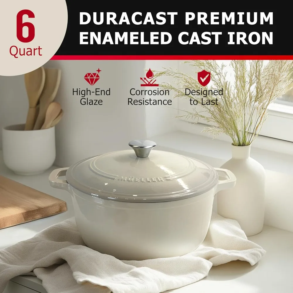 

Cast Iron Dutch Oven Pot with Lid, 6 Quart Enameled, Dual Handles, Stainless Steel Knob, Stew & Induction Pot