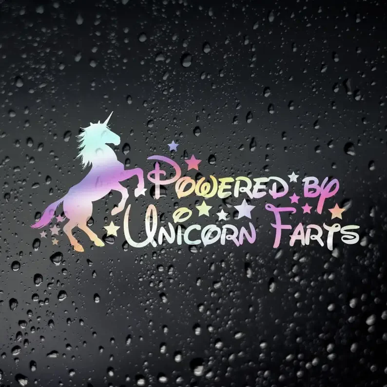 Powered by Unicorn Farts Funny Car Oil Slick Sticker Decal - Girl Racer JDM Rat Look