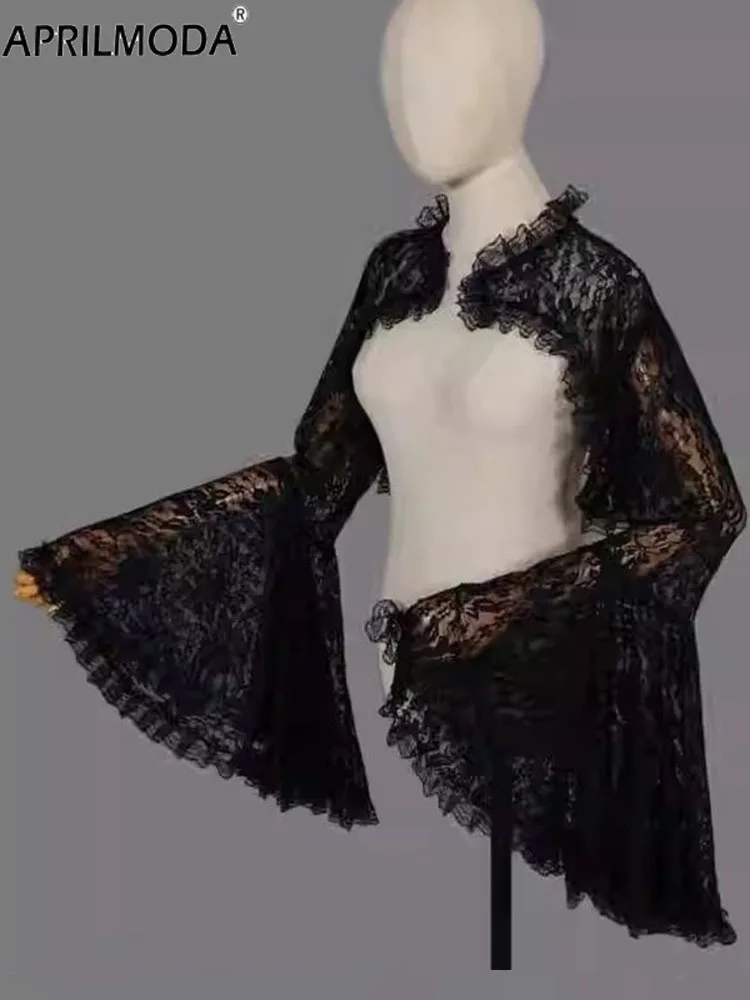 2025 Lace Flared Sleeve Cover Wraps for Evening Dresses Black Steampunk Cosplay Holiday Party Gothic Shrugs Punk Bolero Cardigan