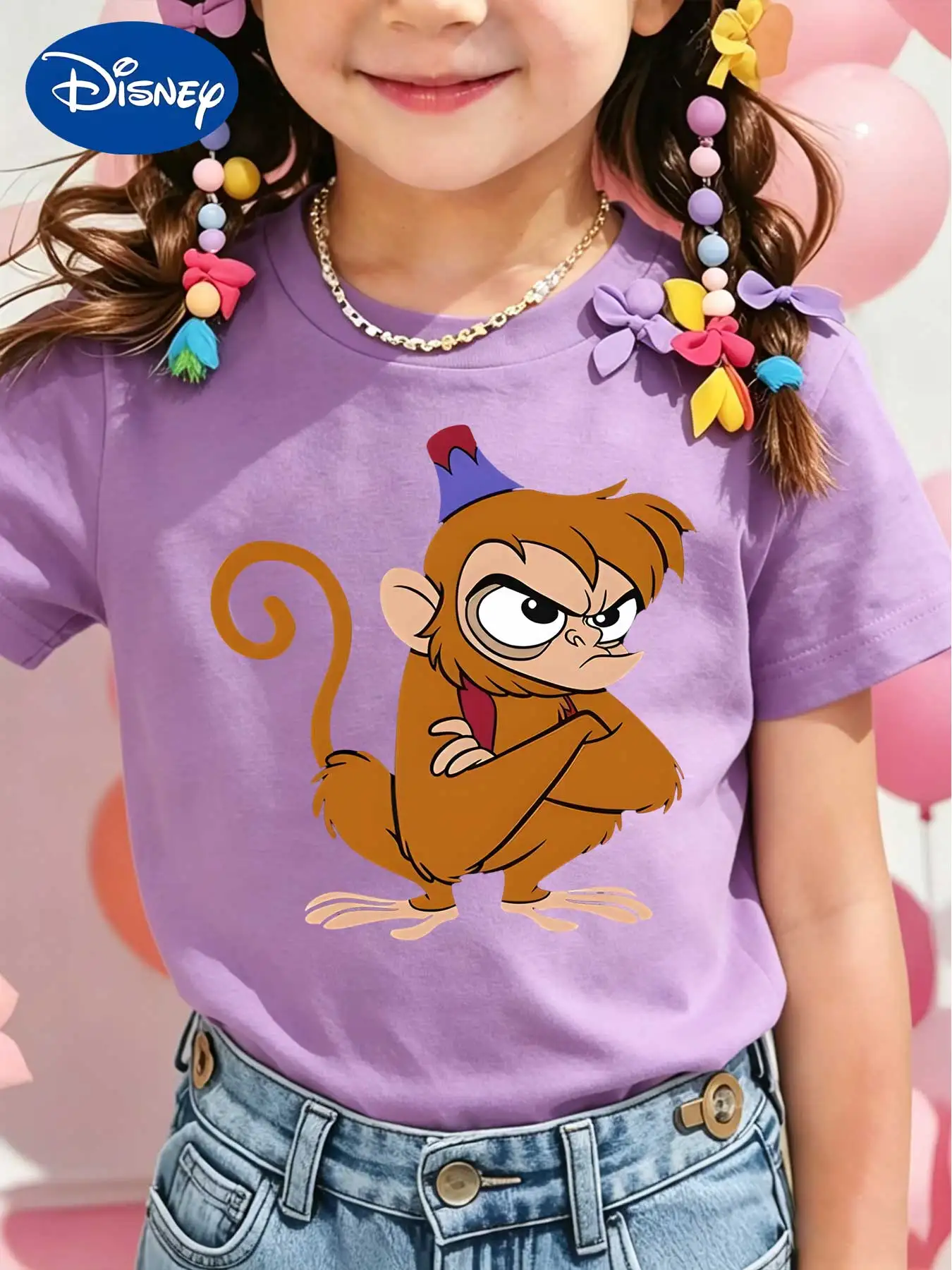 Camiseta de manga corta Disney Aladdin Abu Monkey para niños, linda camiseta de dibujos animados para niñas en verano
