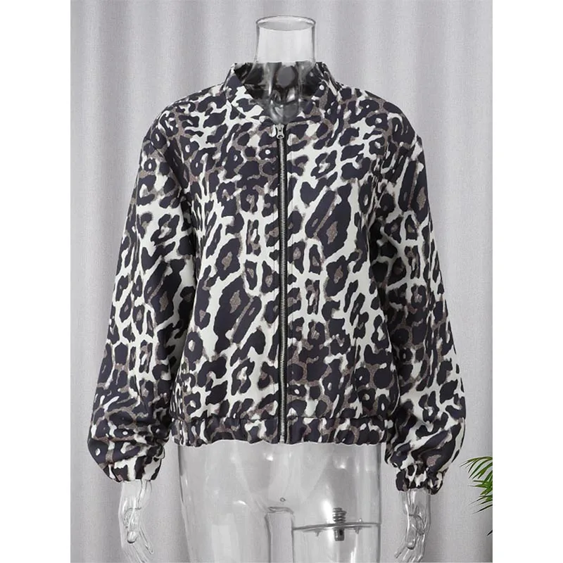 Casaco de leopardo com zíper feminino, manga comprida, retro com gola redonda, casaco casual, moda de rua, novo, outono, 2024