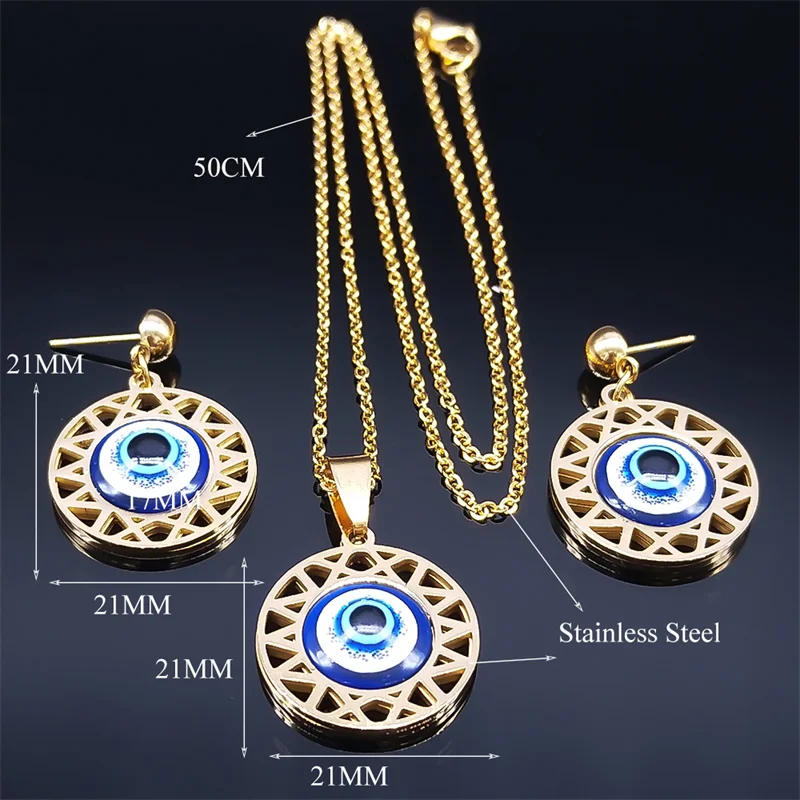 Turkey Blue Eye Chain Necklace Drop Earrings Set Stainless Steel Greek Eye Jewelry Set Christmas Gift Jewelr bijoux femme luxe