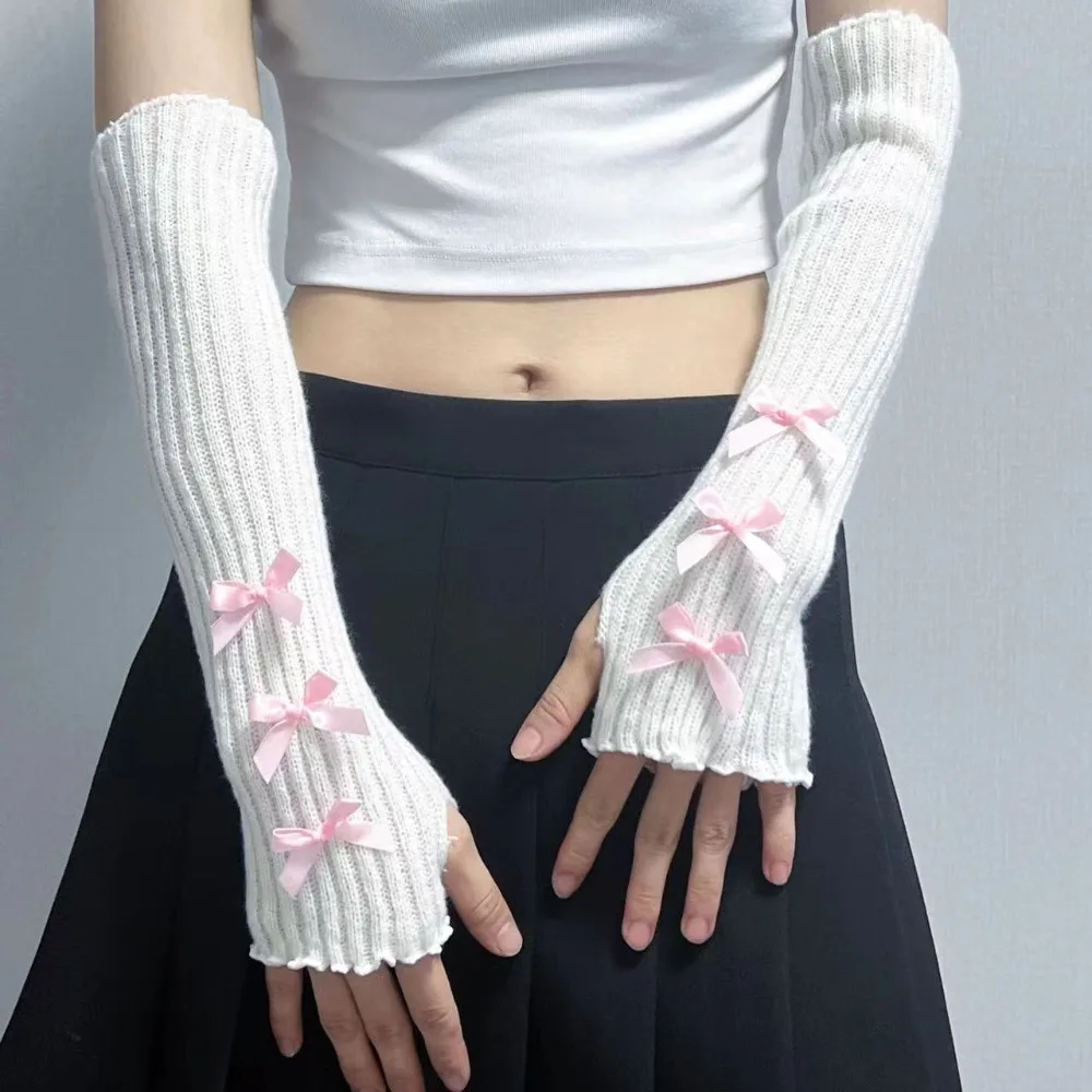 ใหม่ Thicken แขนแขนสีทึบ Bowknot แขนอุ่นนุ่ม Y2K ถักถุงมือหญิง