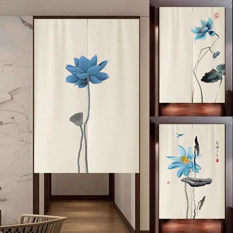 VIKAMA Chinese Ink Lotus Noren Door Curtain, Zen Style Privacy Partition Curtain for Home Kitchen Bedroom Tea Room Decor