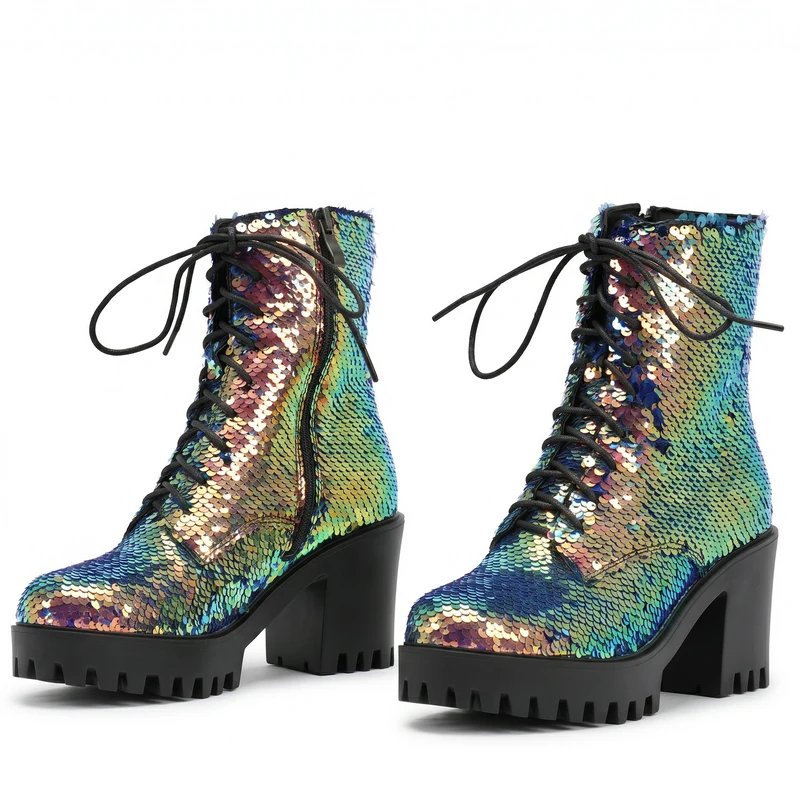 Sparkling Sequin Women Ankle Boots Thick Block Heel Platform Lace Up Combat Boots Winter Glitter Party Punk Goth Short Boots