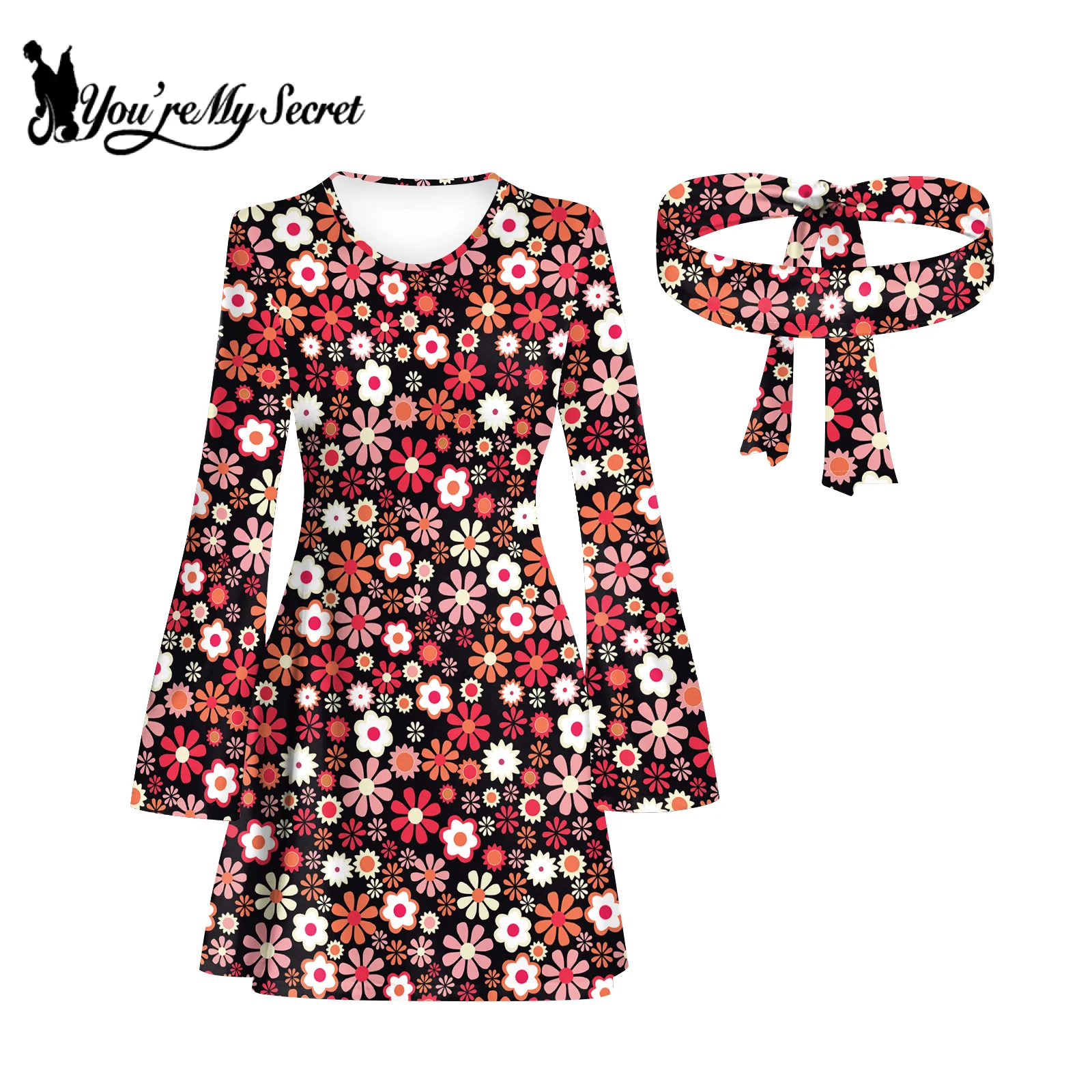 [You\'re My Secret] 60s 70s Women\'s Bohemian Style Disco Floral Printed Outfit Dresses Holiday Hippie Costume Clothes Vestidos