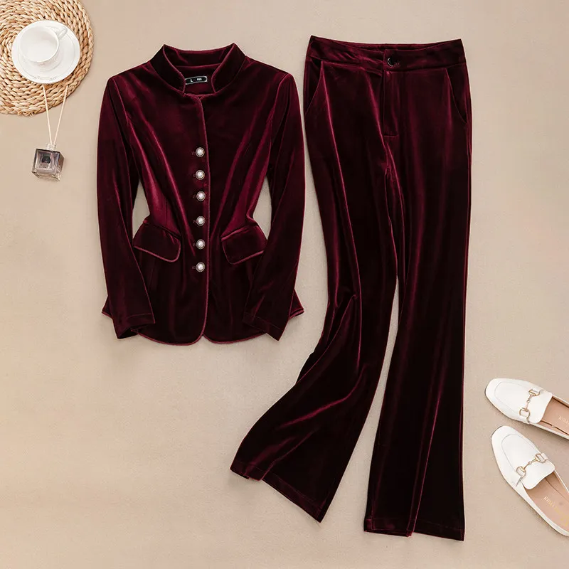 

Весна и осень 2026, новый высококачественный золотой бархатный костюм, женский короткий костюм-стойка большого размера, пиджак, брюки