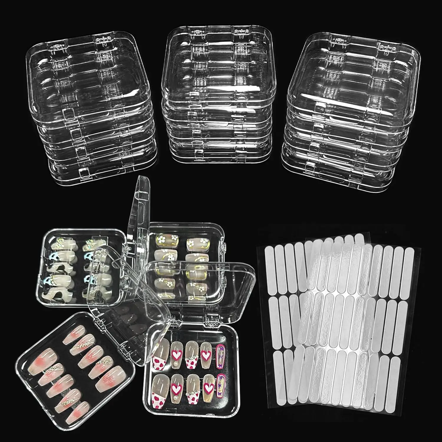 12pcs Press on Nail Storage Boxes with 60 Pcs Adhesive Double Sided Tape Acrylic Nail Display Box Organizer for Nail Salon