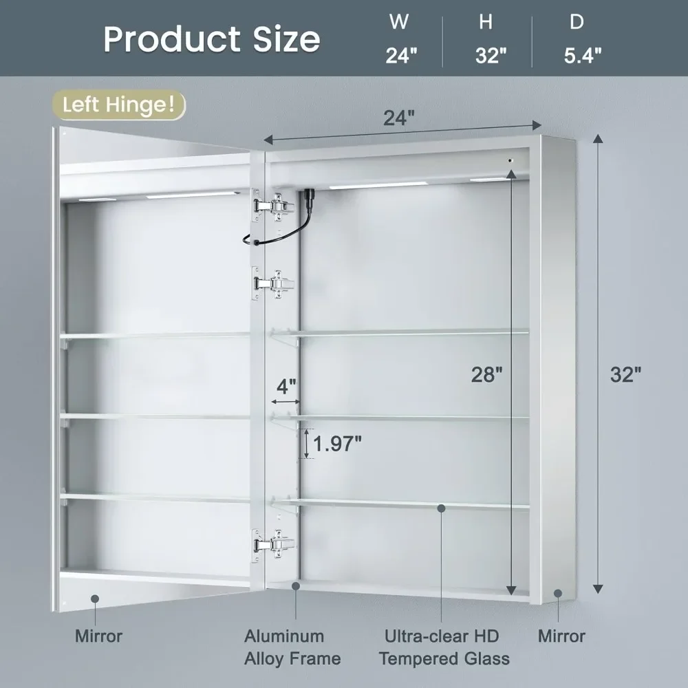 Bathroom Cabinet with Lights, Plug-in or Hardwired, Recessed or Wall Mount, 2 Outlets &USB and 3 Shelves, 24x32 Mirror Cabinet