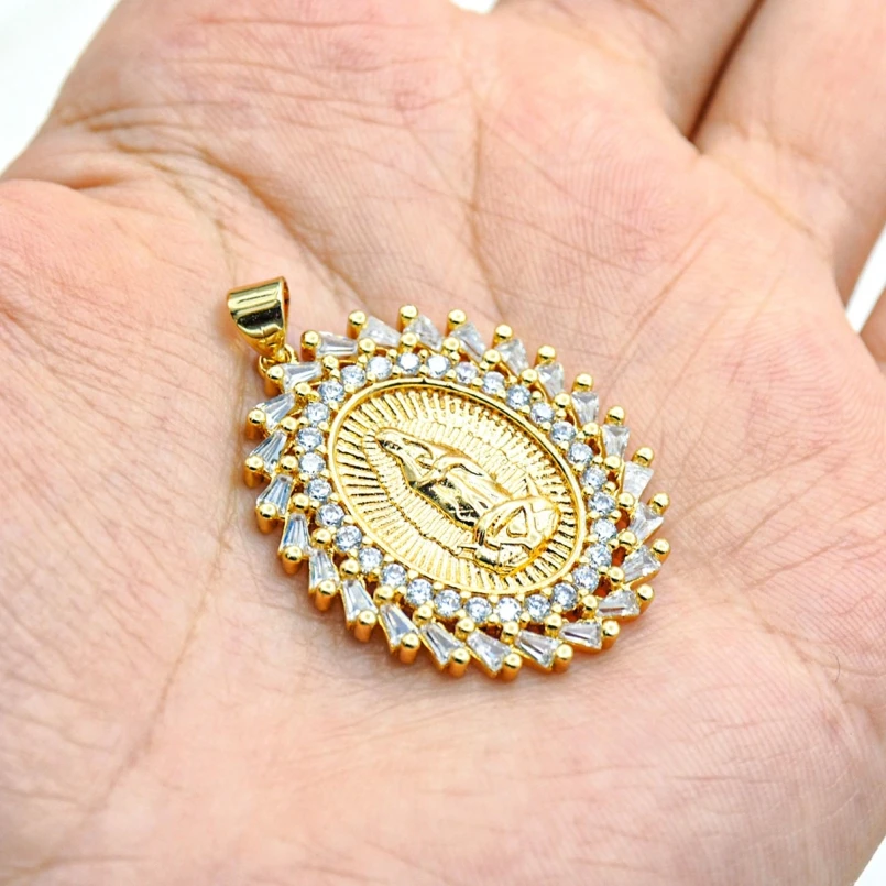 

1Pcs Invisible Setting Pendant Cubic Zirconia Copper Oval Our Lady Of Guadalupe Gold Color Approx 24.9x35.5mm Jewelry For Women