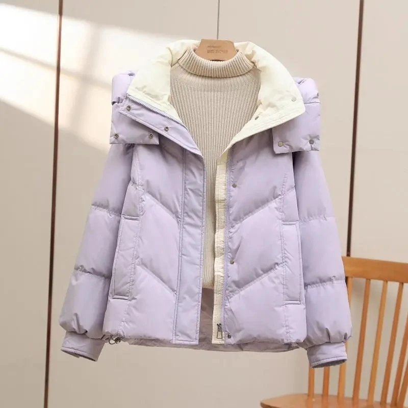 Chaqueta de algodón bloqueada de Color para mujer, nueva versión coreana, abrigo de invierno grueso y holgado, Parka cálida con capucha para mujer 2025