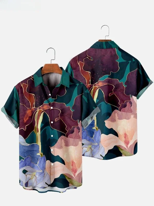 

New 3D Digital Cross Element Loose Short Sleeve Shirt Clean Fit Style Poly Fabric A-Line Sleeve Thin Lightweight Floral Print