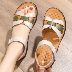 2025 Summer Leather Women Sandals Shoes Woman Casual Soft Wedge Heeled Sandals Women Flats Outdoor Beach Sandals