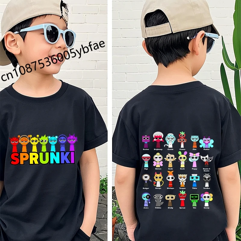 Cartoon Sprunki character printed kids T-shirt pure cotton short-sleeved black cartoon top for boys