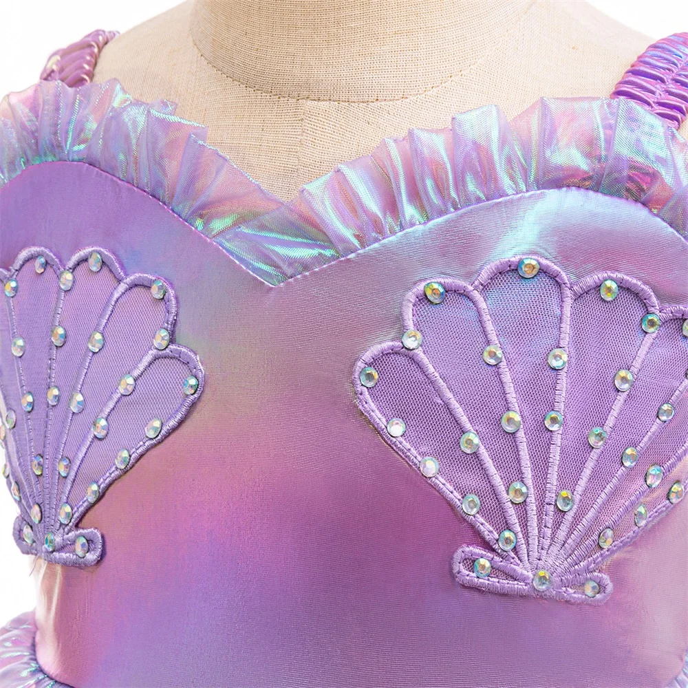 Little Girl Mermaid Ariel Princess Gown Beading Cosplay Dresses Kids Purple Shining Party Dress Young Girls Trumpet New Clothing