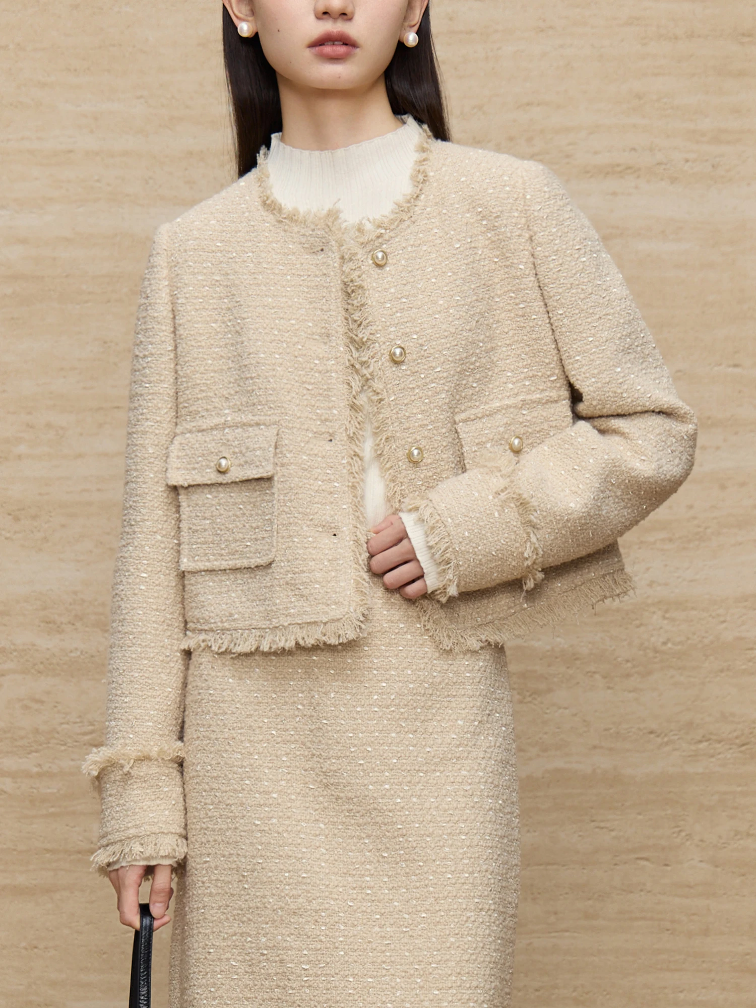 ZIQIAO Women Tweed Jacket Skirt Sets 26.6% Wool Apricot Short Round Neck Coats Female Long A-LINE Skirt 24ZQ94170+24ZQ94171