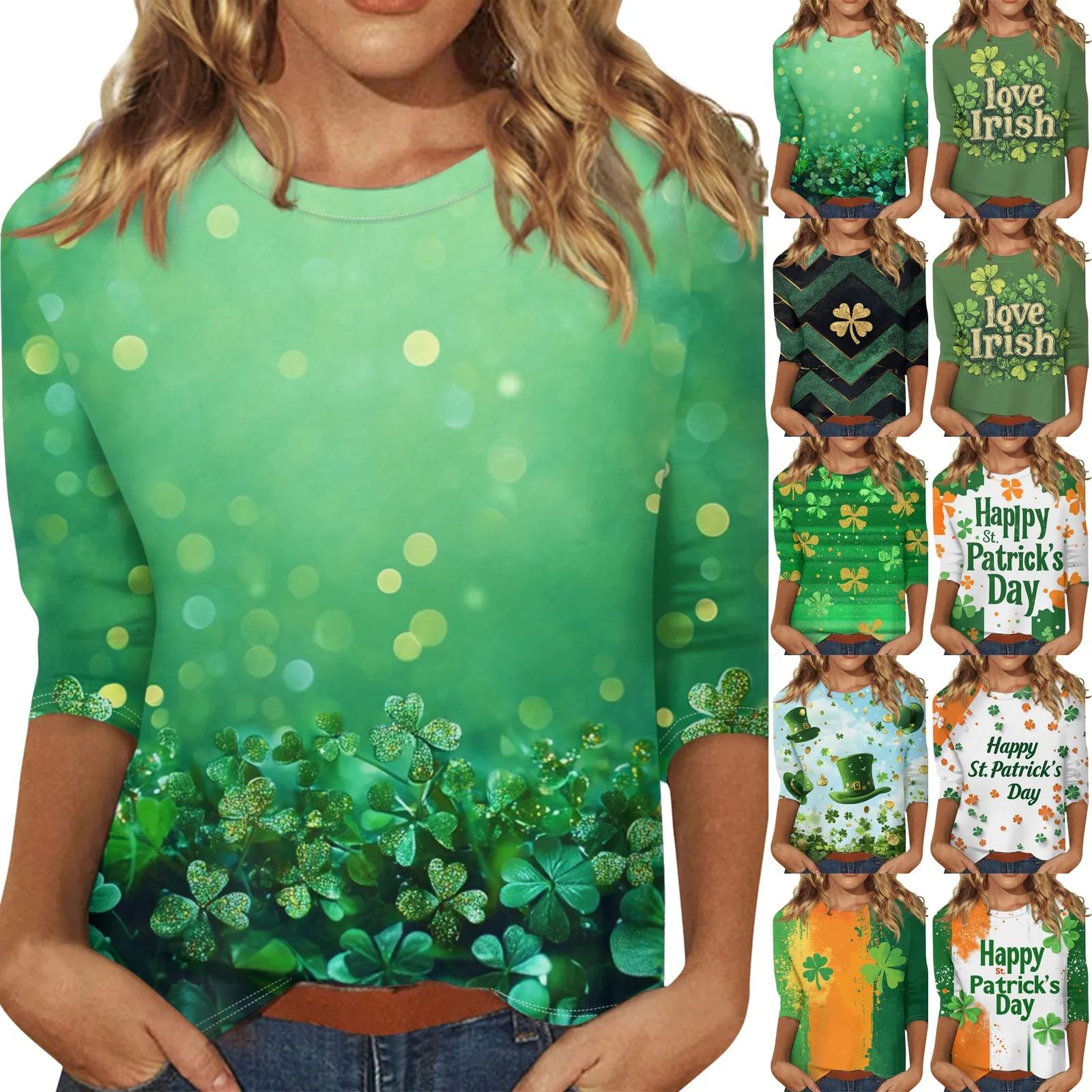 arcane St. Patrick Style Clover printed Women's T-Shirt 3/4 Sleeve O-Neck Festival Wear 2024 Women T-Shirt Loose ropa mujer