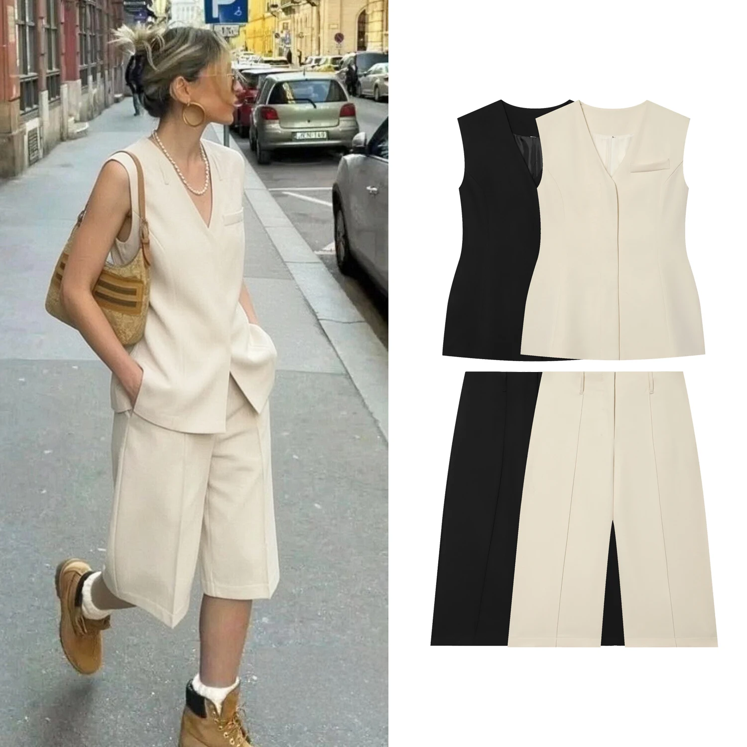 Conjunto de Shorts Casuales de Cintura Alta para Mujer o Top Elegante con Cierre de Botones Ocultos o Pantalones Elegantes de Cintura Alta de 7 Pulgadas para Dama