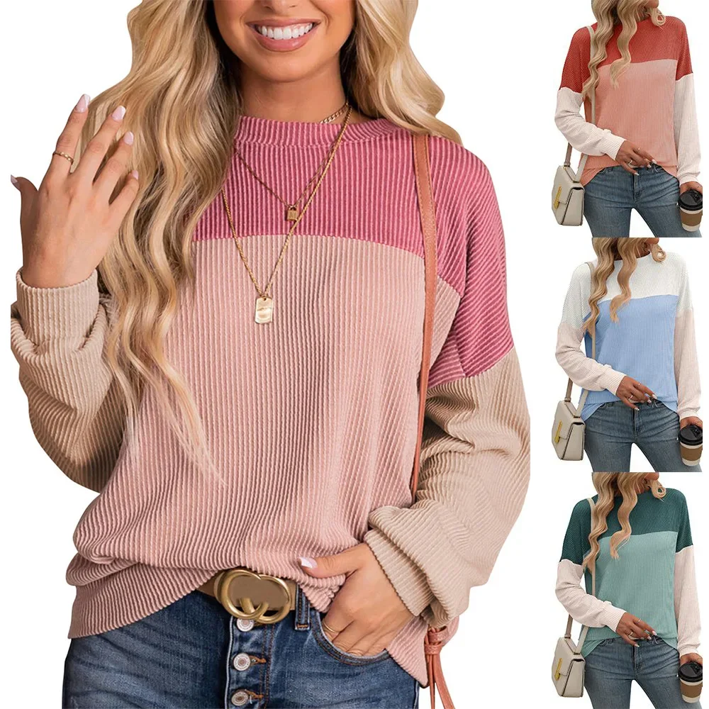 

2025 Women's Spring Autumn Tops Round Neck Twisted Stripe Color Blocked Long Sleeved Loose T-shirt For Women's Clothing 2025