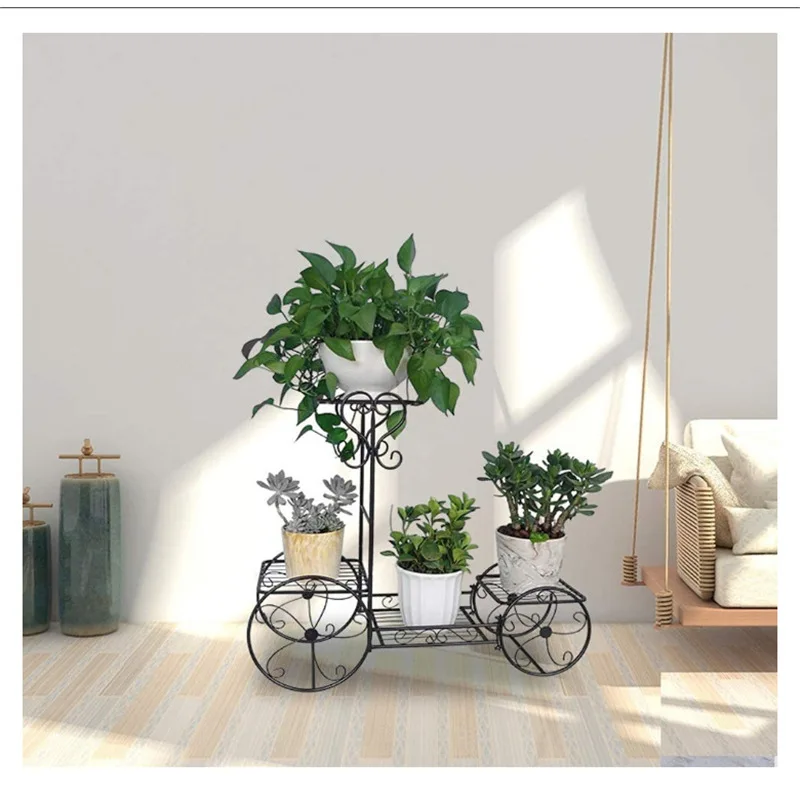 Carriage-type wrought iron flower stand, indoor multi-layer plant stand, simple and multi-functional green plant display d