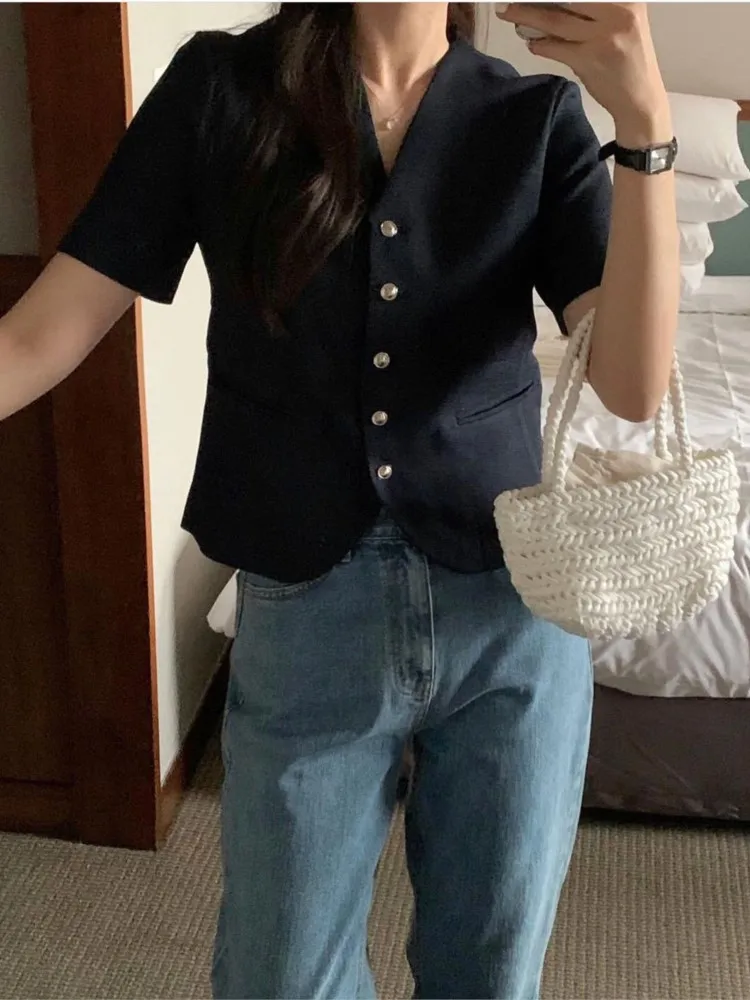 Summer Short Sleeve Blazer Suit Coats Women V-Neck Fashion Elegant Ladies Cropped Blazer Suits Korean Style Loose Woman Tops